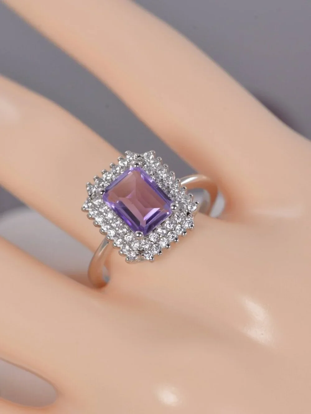 Natural Halo Radiant Cut Amethyst Sterling Silver Ring Size 7